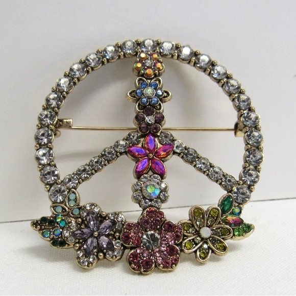 Jewelry - Rhinestone PEACE SIGN Brooch Crystal Flowers Peace Flower Power Sparkling